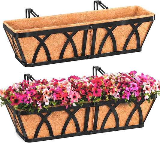 HKZ Deck Balcony Railing Planter Window Boxes - 2 Pack 24 Inch Planter Box, Balcony Planters Railing Hanging, Window Boxes Outdoor Fence Planters
