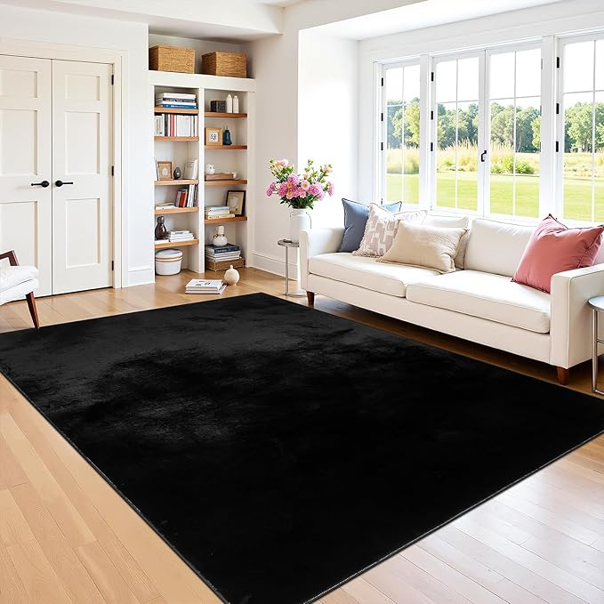 SHACOS Ultra Soft Faux Rabbit Fur Area Rug 5'x7', Non Slip Washable Padded Living Room Rugs, Fluffy Cozy Indoor Modern Carpet for Bedroom Dining Room Kids Room Dorm Home Decor, Black