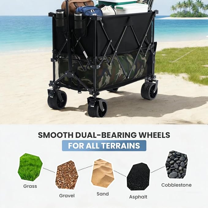 NEWBULIG Large Capacity Wagon Carts Foldable, 440LB Heavy-Duty Double Decker Wagon with All-Terrain Wheels, Portable Storage Shopping Cart for Groceries, Camping, Sports, Beach, Garden