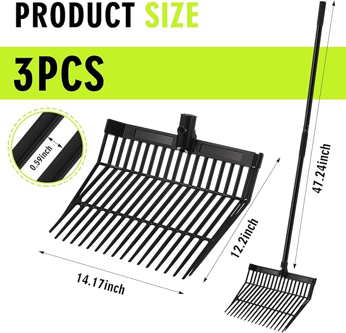 Lasnten 3 Sets Manure Fork with Long Handle, ABS Plastic Head & Metal Handle, Pitch Fork Manure Rake Heavy Duty Muck Rake for Gardening Horse Stable Grass Hay Cleaning Farm Work (Black, Normal Grip)