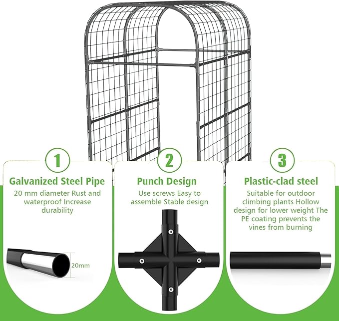 GarveeLife Metal Garden Arch Trellis 7.3 FT, Cucumber & Melon Trellis for Raised Beds, u-Shape Plant Support with Plastic Connectors for Climbing Vegetables, Grapes & Roses, Black