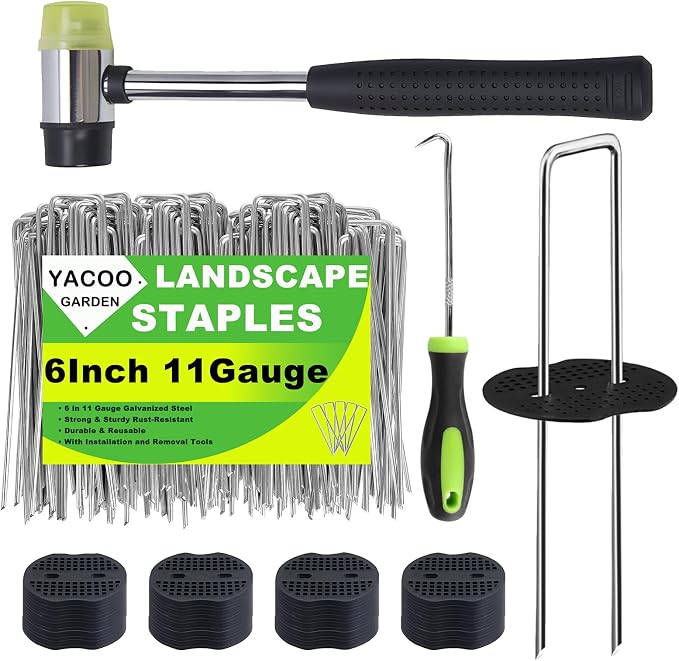 6 Inch Landscape Staples Set, 11 Gauge Galvanized U-Shaped Garden Stakes (200 Pack) with 200 Gaskets, Hook Tool & Rubber Mallet for Weed Fabric & Landscaping