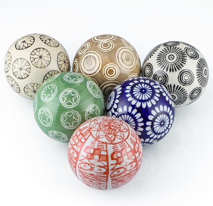 Decorative Porcelain Balls, 3" Centerpiece Balls Set, Floating Ceramic Orbs Spheres for Bowl, Vase, Basket, Dish, Fish Tank, Home Decor, Pack of 6 (Assorted Geometric)