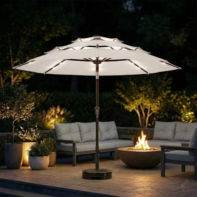 10ft 3-Tier Patio Umbrella with 32 Solar Powered LED Lights, Windproof Outdoor Market Umbrella for Deck, Poolside & Garden, Sturdy Push-Button Tilt Table Umbrella, Creamy White