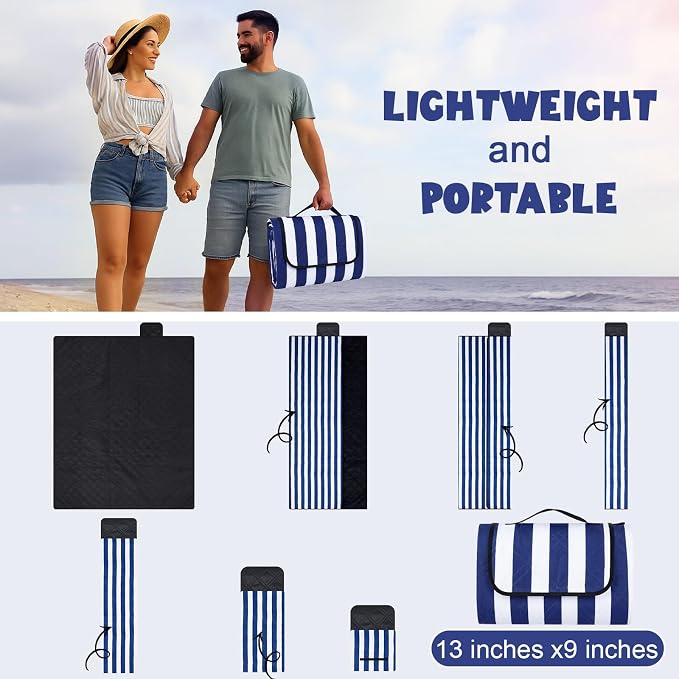 80" x 100" Extra Large Picnic Blankets Beach Mat Sandproof Waterproof Foldable Oxford Blue Strip Blanket Beach Mat Fall Picnic Stuff for Family Camping Hiking Party Park Travel Grass