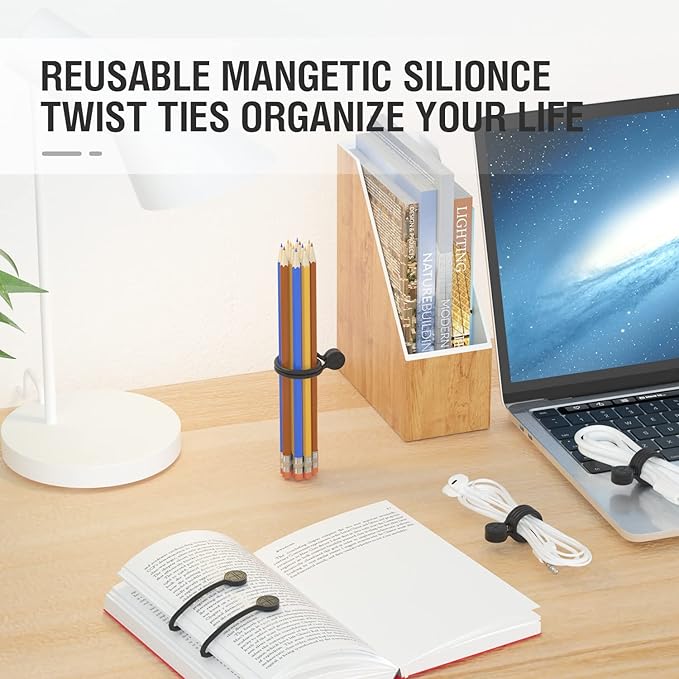 Magnetic Twist Ties, Reusable Silicone Cable Ties with Strong Magnet for Bundling and Organizing,Cord Wrap Clip Straps for Home or Office (Black-32 Packs)