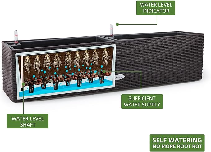 Dexceder 31.5 Inch Self Watering Rail Window Box with Bracket (Brown) | Thickened Large Rattan Planter Flower Plant Pot with Water Level Indicators Indoor Outdoor