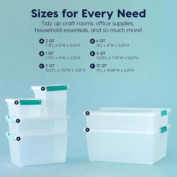 IRIS USA 6 Qt. Craft Storage Bins with Lids, 4-Pack, |Made in USA|, Clip Box, Small Plastic Sensory Bin Tote Organizer Containers for Art Supplies, Paper, & Office, Stackable - Clear/Seafoam Blue