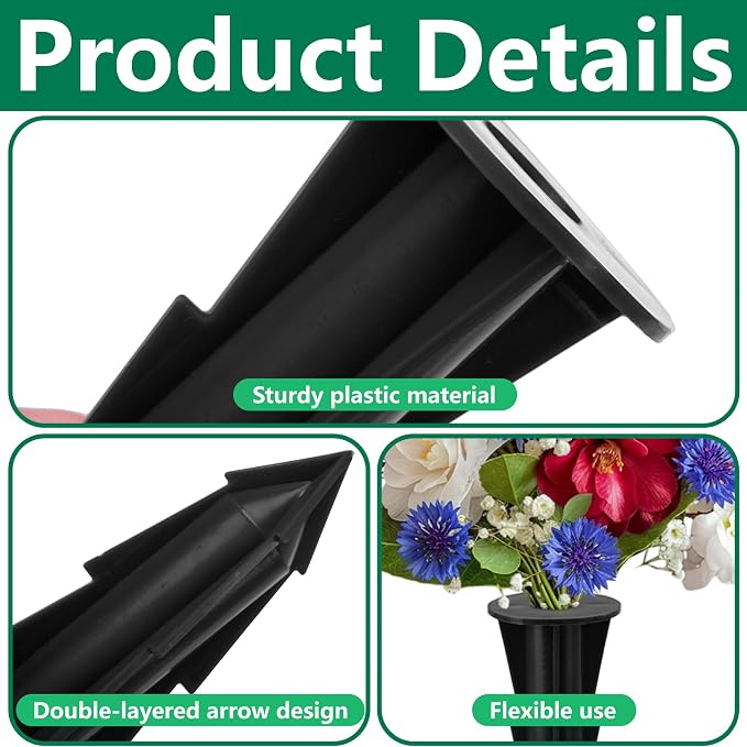 4 Pcs Memorial Artificial Flower Holder, Patio Garden Floral Ground Spikes, Cemetery Flower Container Stakes for Outdoor Yard Grave Faux Flowers Indoor Window Box Planter Pot (Black)
