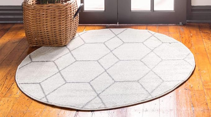 Unique Loom Trellis Frieze Collection Area Rug - Geometric (4' 1" Round, Ivory/ Gray)
