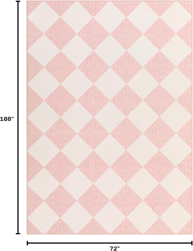 GarveeHome 6x9 Checkered Area Rug Modern Pink Washable Girls Bedroom Rug | Geometric Farmhouse Carpet Soft Low Pile Non Slip Diamond Floor Mat Plaid Print Throw Rug for Dining Room Playroom