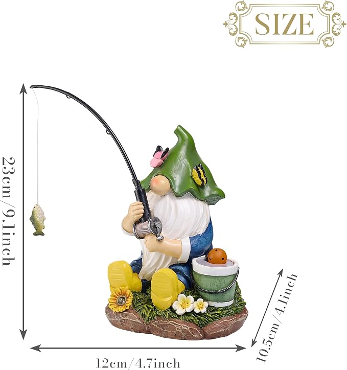 TERESA'S COLLECTIONS Resin Outdoor Statue with Solar Outdoor Lights for Garden Decor,Christmas Garden Gnome Fishing for Outside Yard Porch Patio Lawn,Ideal Gift for Women and Man 8.9"