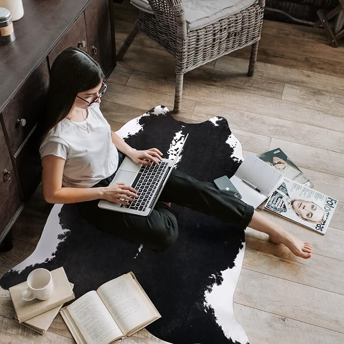 AROGAN Faux Cowhide Rug, Black Cow Print Small Animal Area Rug, 3.6x2.3 Ft | Premium Cow Hide Carpet, Western Rug for Bedroom Living Room Decor, Durable Faux Cow Skin Cowhide Area Rug
