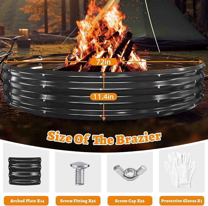 Large Metal Fire Pit Ring/Bonfire Fire Ring- 6 FT Diameter, 0.7 MM Thick,1 ft High, Durable and Stylish for Outdoor Fire Pits,Patios and Camping (Black, 6X6X1 ft)