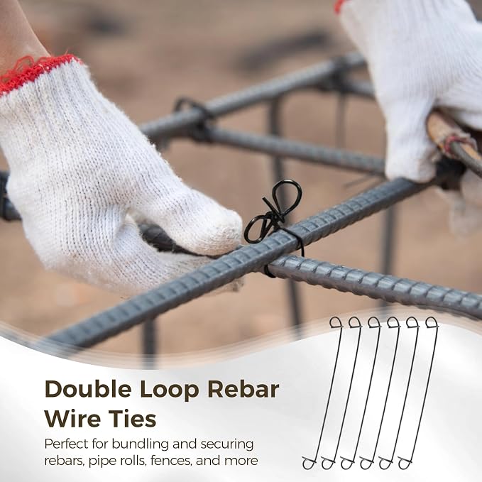 1000 PCS Double Loop Rebar Ties, 6-inch 16 Gauge Galvanized Iron Wire Bar Ties, Automatic Rebound Rebar Wire Ties, Reinforcing Metal Ties, Twist to Bundle and Secure Rebars, Pipe Rolls (Black)