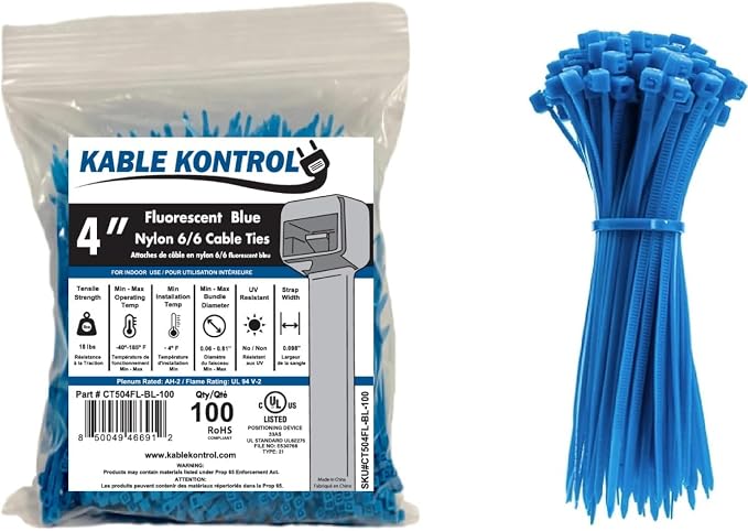 Kable Kontrol Fluorescent Blue Zip Ties 4 Inch 100 Pcs, 18 Lbs Tensile Strength, Self-locking Nylon Colored Cable Ties Wire Wraps for Indoor or Outdoor Use…