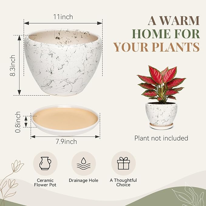 11 Inch Ceramic Plant Pot with Drainage Hole Mesh Net, Large Gardening Pots for Indoor Plants with Saucer, White Silk