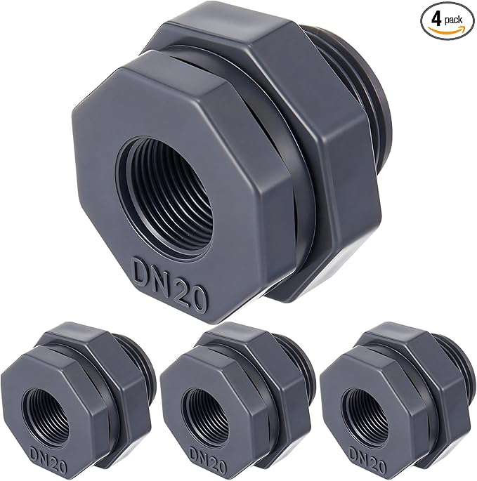 4 Pcs 3/4 Inch Bulkhead Fitting PVC Water Tank Connector Plumbing Pipe Threaded Bulkhead Fitting NPT for Rain Barrels, Water Tanks, Aquariums, Tubs, Pools