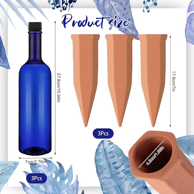 SiliFine 3 Sets Plant Watering Devices Include Terracotta Self Watering Spikes and 26 oz Plastic Bottles, Slow Release Vacation Insert Automatic Plant Waterer Device (Blue and Terracotta)