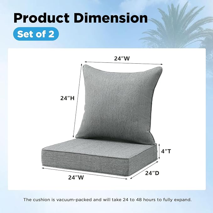 Outdoor Deep Seat & Back Cushion Set (2-Pack), 24 x 24 Inch Water Repellent and Fade Resistant Patio Furniture with Removable Cover for Outside Sofa Couch, Linenweave Gray