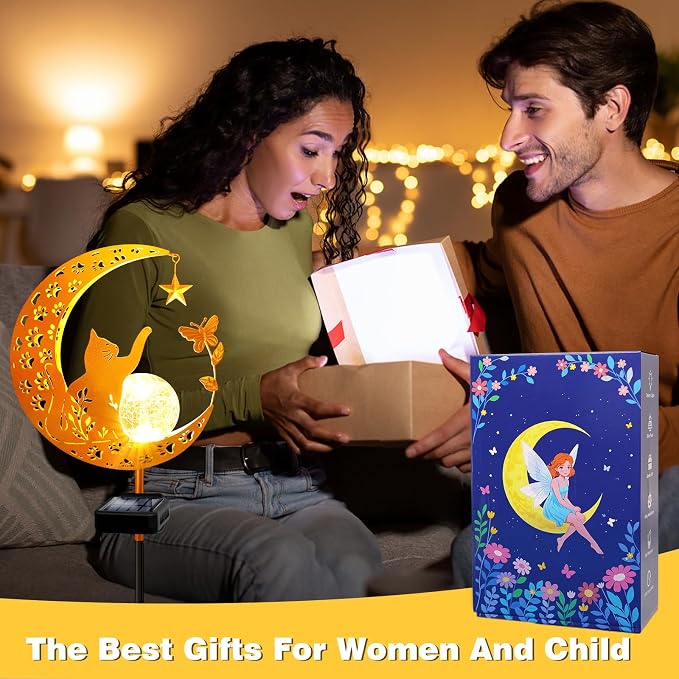 Solar Garden Lights Waterproof, Gift for Women Mom Grandma Wife Daughter, Cat Pathway Stake Lights, Glass Globe with Moon Cat Decor, Outdoor Decor Lights for Walkway Yard Lawn Patio Courtyard Garden