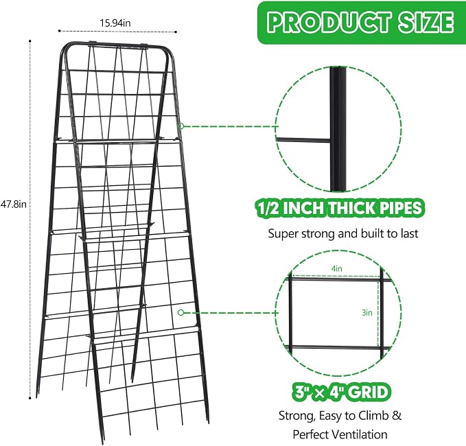 Amoskey Cucumber Trellis, Garden Trellis for Climbing Plants Outdoor, Foldable A-Frame Trellis, Cucumber Trellis for Raised Bed for Cucumbers, Peas, or Tomatoes (Black, Small Grid)