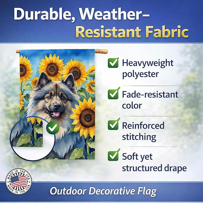 Caroline's Treasures DAC6105CHF Keeshond in Sunflowers House Flag Large Porch Sleeve Pole Decorative Outside Yard Banner Artwork Wall Hanging, Polyester, House Size, Multicolor