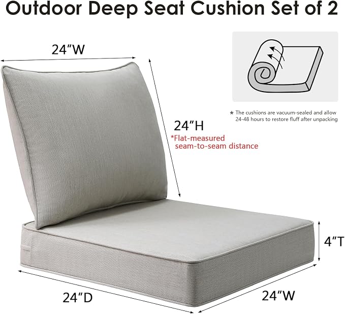 Unimatta Sunbrella Outdoor Patio Chair Cushions Set, 24" x 24"(24x24 Back), Set of 2, Water-Repellent, Fade Resistant, Deep Seat Bottom and Back Cushion for Backyard, Couch, Sofa, Specrtum Pebble