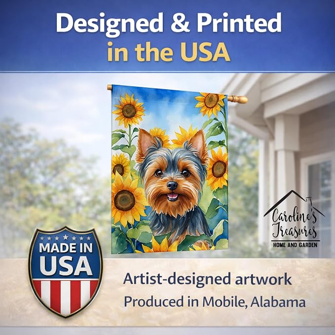 Caroline's Treasures DAC6178CHF Yorkshire Terrier in Sunflowers House Flag Large Porch Sleeve Pole Decorative Outside Yard Banner Artwork Wall Hanging, Polyester, House Size, Multicolor