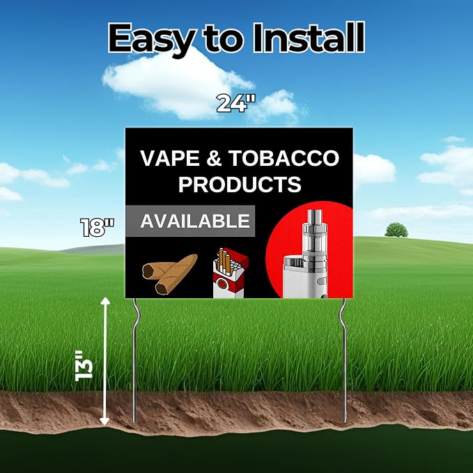 Vape & Tobacco Products Available! Yard Sign by DC | 24"x18" Double Sided Conv. Store Garden Sign with 13” Metal Stakes | Outdoor Signs Waterproof for Lawn, Patio, Sidewalk & House | Set of 4