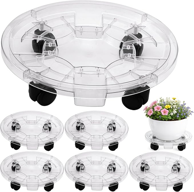 6 Packs 16 inches Extra-large Clear Plant Caddy Plant Saucers on Wheels Rolling Plant Stands Heavy-duty Plant Dolly Plastic Planter Roller Base Pot Movers Outdoor Plant Tray Coaster