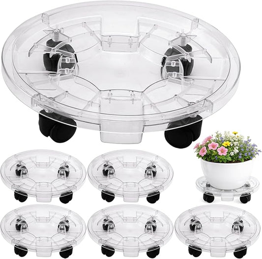 6 Packs 16 inches Extra-large Clear Plant Caddy Plant Saucers on Wheels Rolling Plant Stands Heavy-duty Plant Dolly Plastic Planter Roller Base Pot Movers Outdoor Plant Tray Coaster