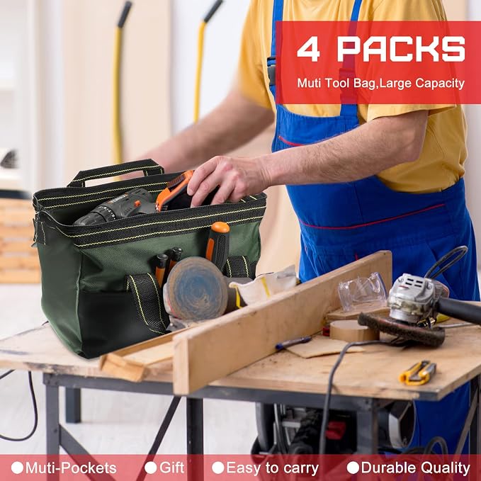 4 Pieces Tool Bag with Waterproof Strong Molded Base Multi Pockets Wide Mouth Tool Tote Multifunctional Large Capacity Organizer Heavy Duty Tools Storage Bag for Men Carpenter Electrician