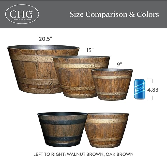Classic Home and Garden Whiskey Plastic Resin Flower Pot Barrel Planter, Oak Brown, 9" (Pack of 2)
