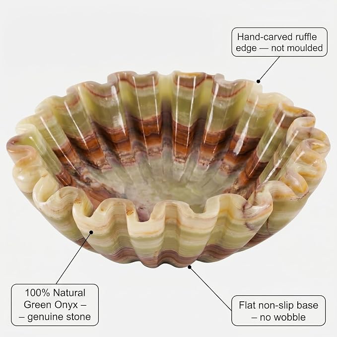 Green Onyx Marble Decorative Bowl 8 Inch Handmade – Scalloped Ruffle Bowl for Kitchen Counter, Dining Table Centerpiece & Entryway Key Bowl, Housewarming Gifts