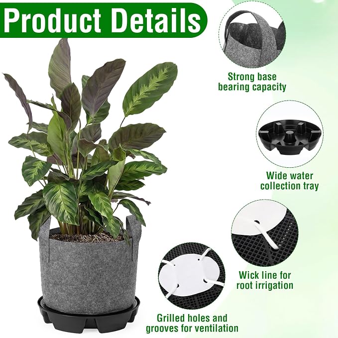 Jingmore 6 Set 3 Gallon Grow Bag Self Watering Fabric Pot Base Automatic Watering System Plant Nonwoven Grow Bag with Handle Plant Saucer Elevate Flower Tray for Garden Indoor Outdoor Greenhouse(Grey)