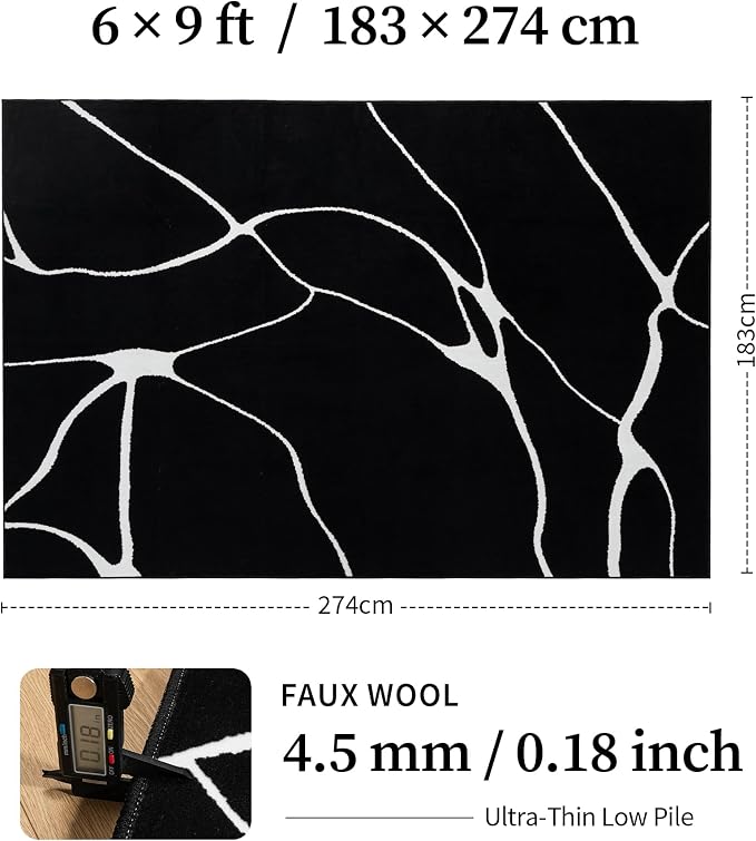 6x9 Washable Modern Abstract Black White Area Rug | Ultra-Thin Low Pile, Non-Slip TPE Backing, Soft Stain Resistant, Machine Washable, for Bedroom Livingroom High Traffic