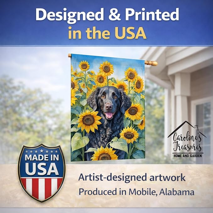 Caroline's Treasures DAC6064CHF Curly-Coated Retriever in Sunflowers House Flag Large Porch Sleeve Pole Decorative Outside Yard Banner Artwork Wall Hanging, Polyester, House Size, Multicolor