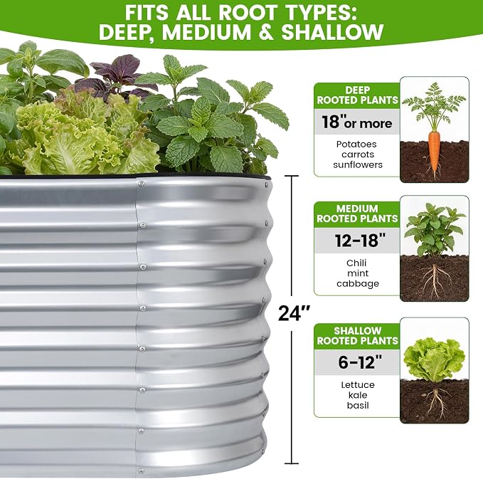 Galvanized Raised Garden Bed Outdoor 24'' Deep | Oval Metal Garden Beds with Easy Assembly & Planter Box for Planting Deep Root Vegetables Fruits Flowers, 6x2x2ft Silver