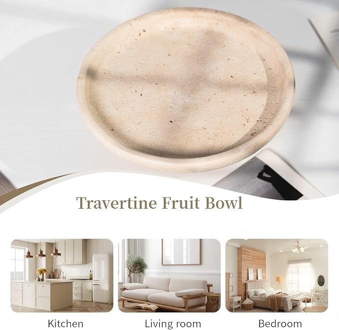 Natural Travertine Fruit Bowl for Kitchen Counter 10.2",Large Decorative Bowl & Travertine Bowl Pedestal for Kitchen Counter & Dining Table ,For Entryway, Kitchen Fruit Bowl, Dining Table Centerpiece.