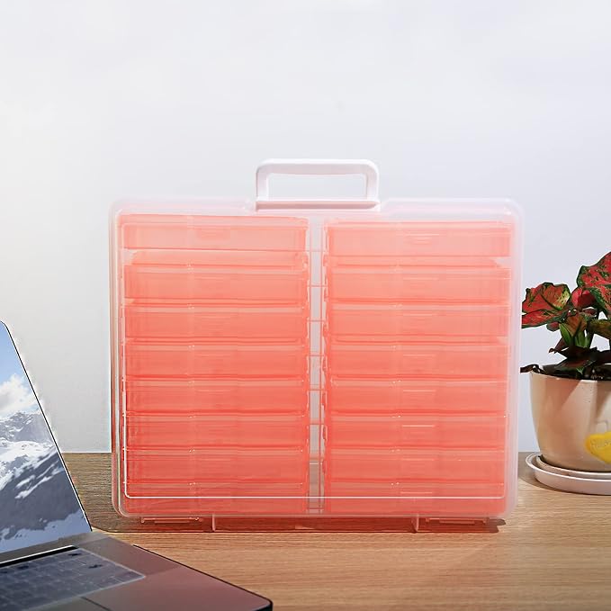4" x 6" Photo Storage Case with Handle, 16 Inner Photo Organizer Keeper, Extra Large Storage Picture Boxes, Seed Storage, Transparent Craft Keeper (Orange)