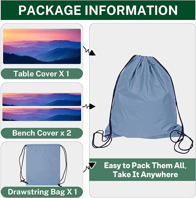 3 Piece Fitted Picnic Table Cover with Bench Covers, 72"x30" Full Elastic Edge Camping Tablecloth, Waterproof Wipeable RV Outdoor Patio Park Camping Essentials With Drawstring Bag (Nature)