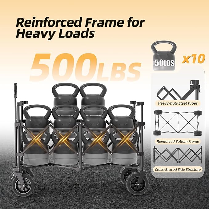 EchoSmile Collapsible Foldable Extended Wagon with 500Lbs Weight Capacity, 300L Folding Utility Wagon Cart with Big All-Terrain Wheels for Beach,Sport,Garden&Grocery (Black&Orange)