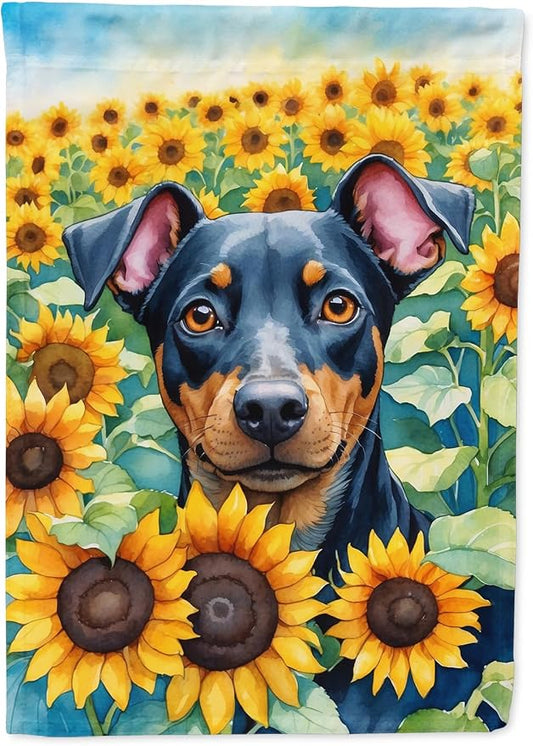 Caroline's Treasures DAC6119CHF Manchester Terrier in Sunflowers House Flag Large Porch Sleeve Pole Decorative Outside Yard Banner Artwork Wall Hanging, Polyester, House Size, Multicolor