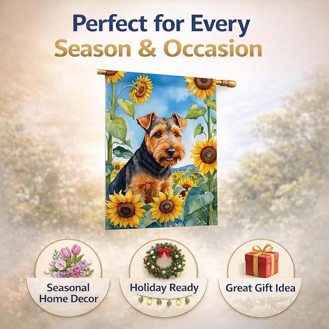 Caroline's Treasures DAC6172CHF Welsh Terrier in Sunflowers House Flag Large Porch Sleeve Pole Decorative Outside Yard Banner Artwork Wall Hanging, Polyester, House Size, Multicolor