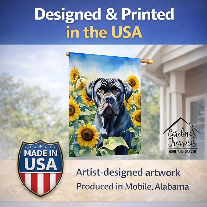 Caroline's Treasures DAC6045CHF Cane Corso in Sunflowers House Flag Large Porch Sleeve Pole Decorative Outside Yard Banner Artwork Wall Hanging, Polyester, House Size, Multicolor