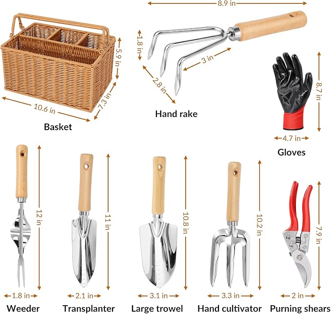 SOLIGT 8 Piece Garden Tools Set with Basket, Gardening Gifts for Women Men | Heavy Duty Stainless Steel Pruning Shears, Trowels, Weeder, Rake, Garden Hand Tools And Gloves With Wood Handles