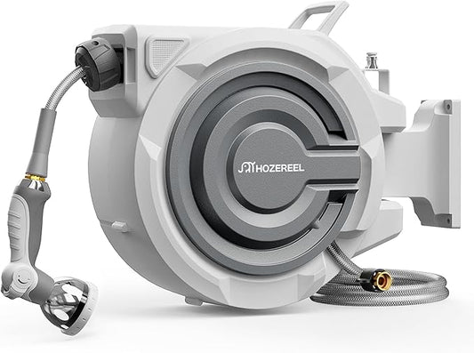 72 FT x 1/2" Retractable Garden Hose Reel by HOZEREEL, UV Resistant Hose Reels - Automatic Slow Self Retract Wall Mount Hose Reel Enclosed Storage, Any Length Lock 180° Swivel, 10 Pattern Nozzle