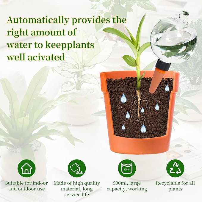 8pcs Plant Self Watering Globes with Covers, Plastic Water Bulbs Top Fill, Plant Watering Devices System Slow Release Terracotta, Water Spikes Stakes for Indoor