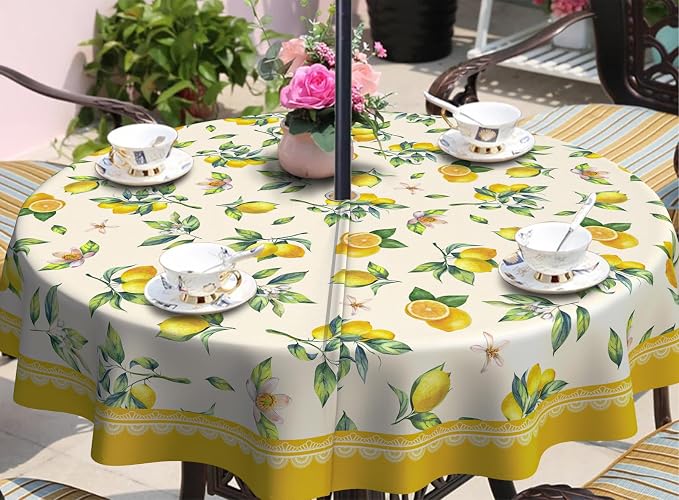 Lemon Outdoor Tablecloth with Umbrella Hole 60" x 60" Waterproof Zipper Table Cloth for Patio Table - Ideal Tablecloths for Picnics, Camping, and Yard Use
